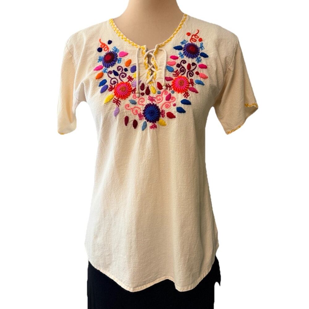Vintage 70s Peasant Top Embroidered Floral Folk Boho Hippie Medium Art Festival